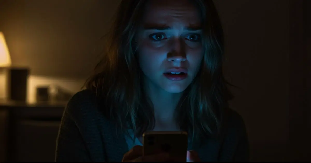 pessoa olhando para o celular abalada após ler comentários maldosos nas redes sociais