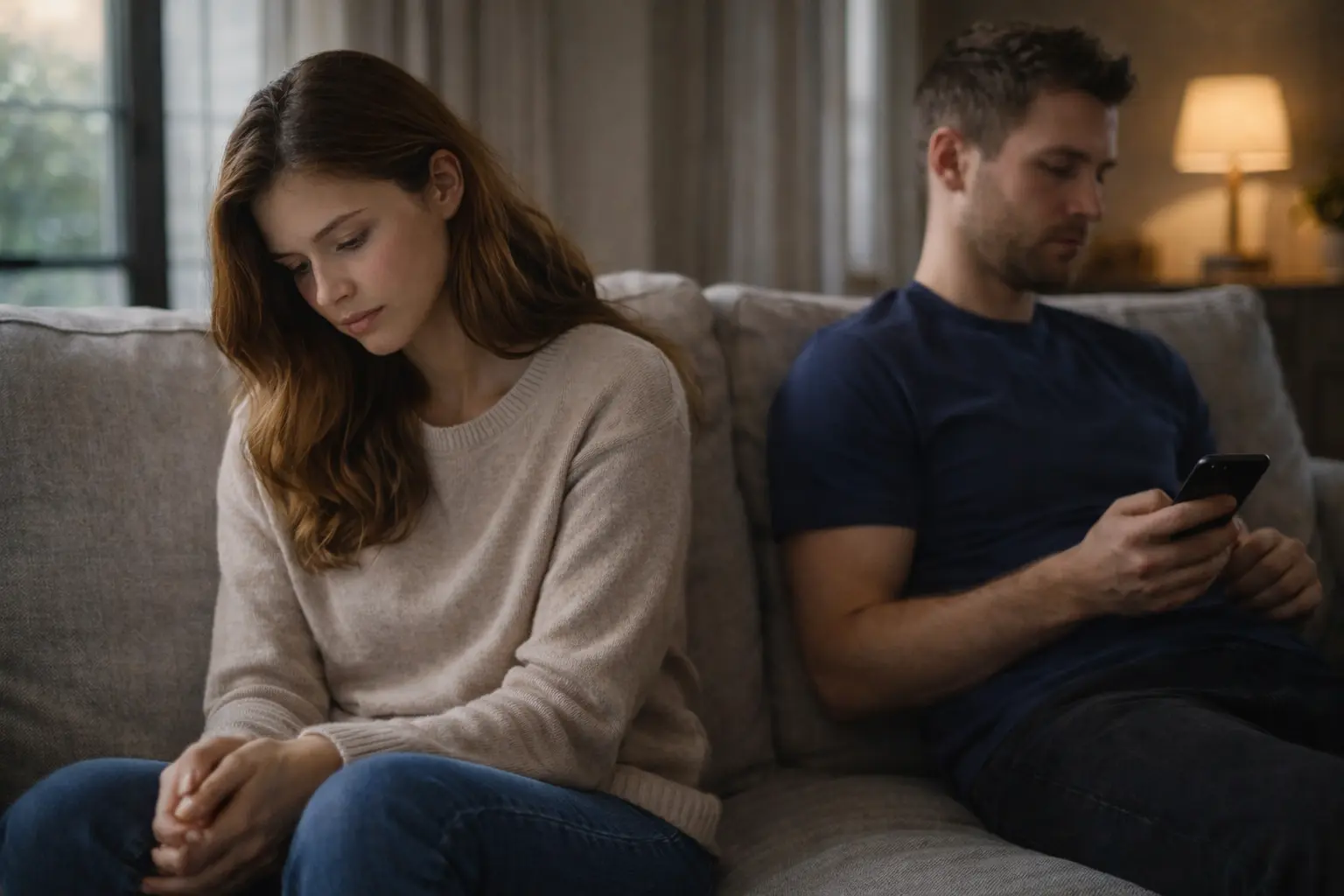 Pessoa triste ao lado do parceiro em um relacionamento que a diminui emocionalmente