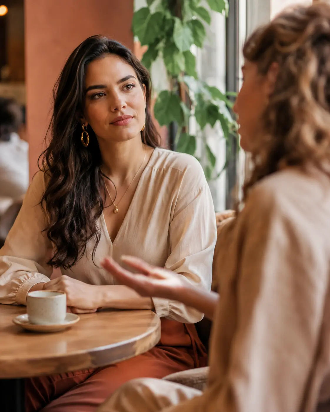 Mulher mantendo a calma durante conversa tensa ao receber uma indireta