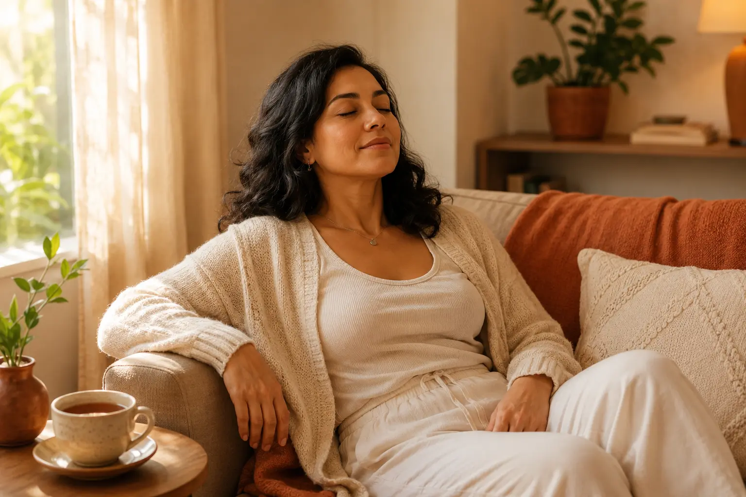 Mulher descansando em casa após o trabalho, cuidando da energia