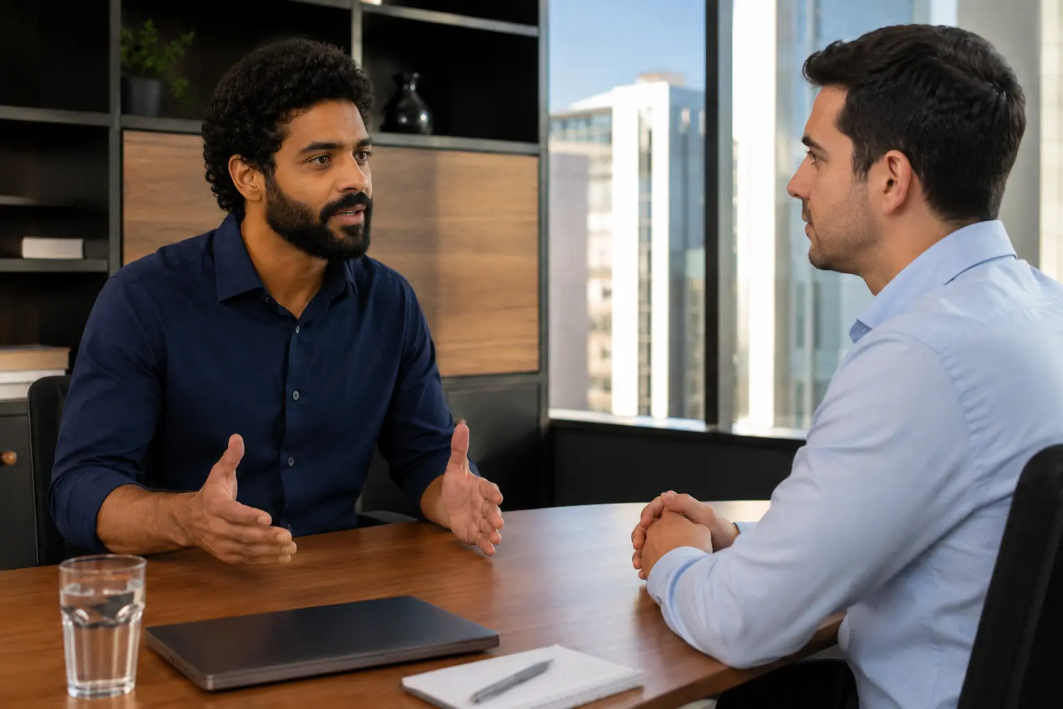 Duas pessoas conversando de forma respeitosa no trabalho
