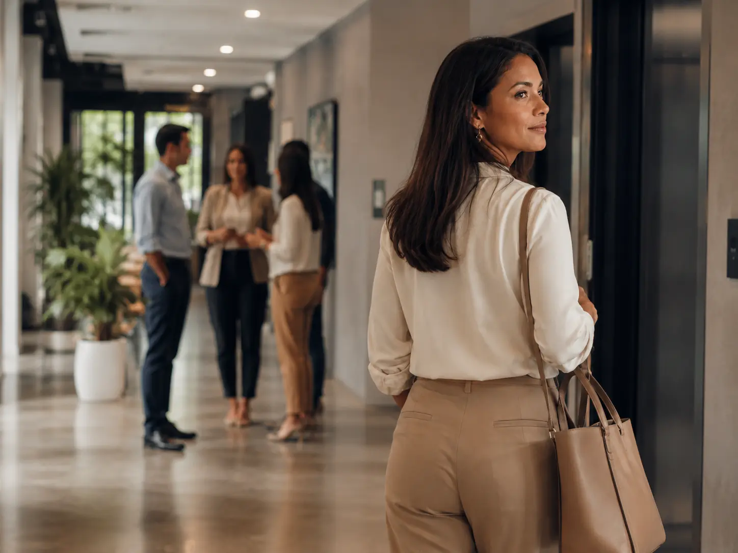 Mulher se afastando com dignidade e autoconfiança de situação em que recebeu indiretas repetidas