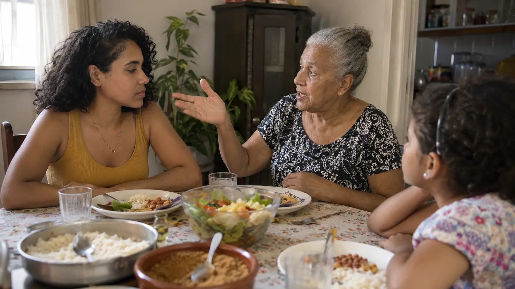 Parente mais velho falando com veemência numa mesa de família enquanto um adulto mais novo escuta com calma