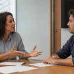 Colega gesticulando de forma insistente numa discussão enquanto o outro escuta com expressão calma sem rebater