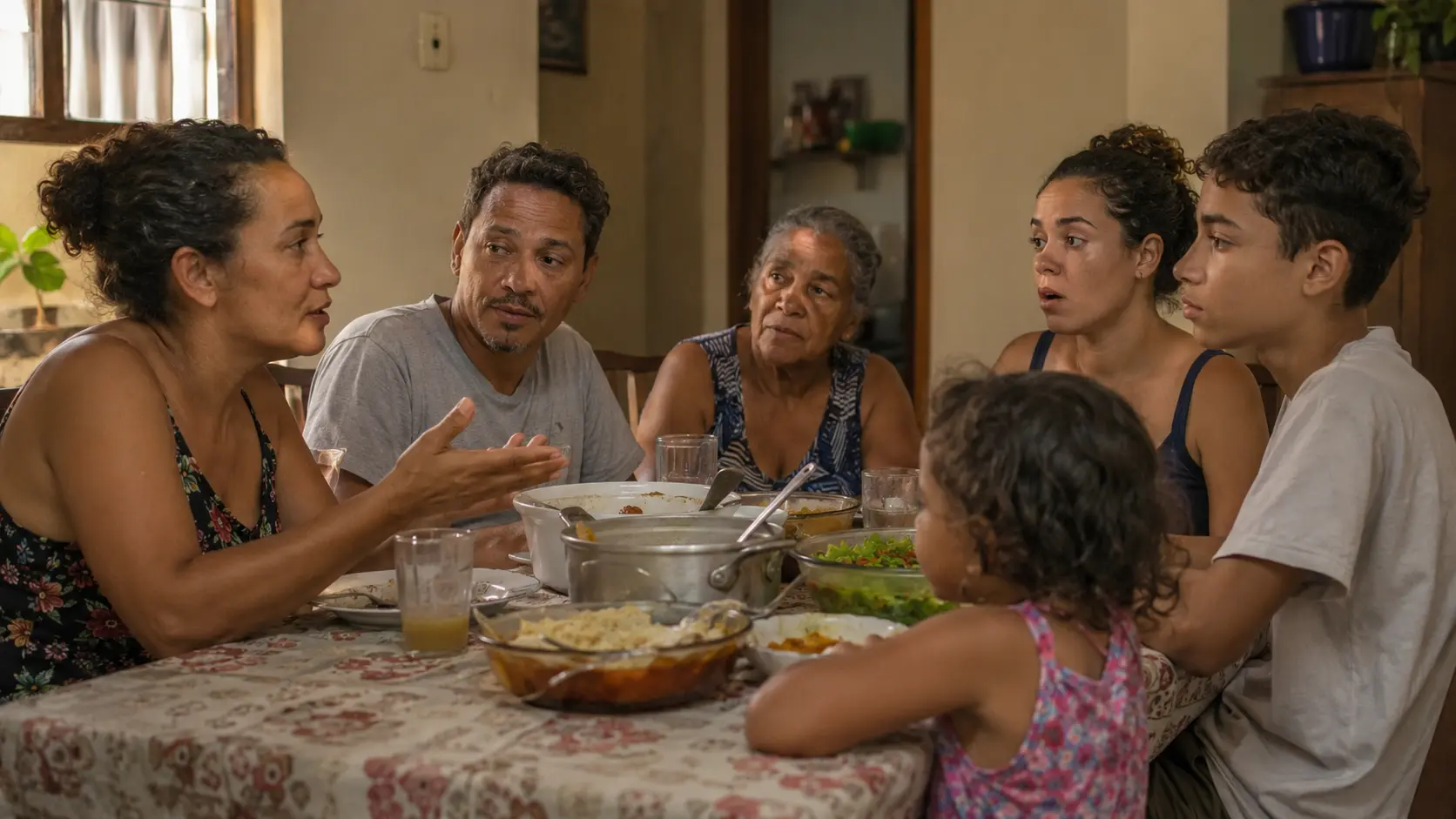 Pessoa falando com calma e firmeza numa mesa de família enquanto os parentes escutam