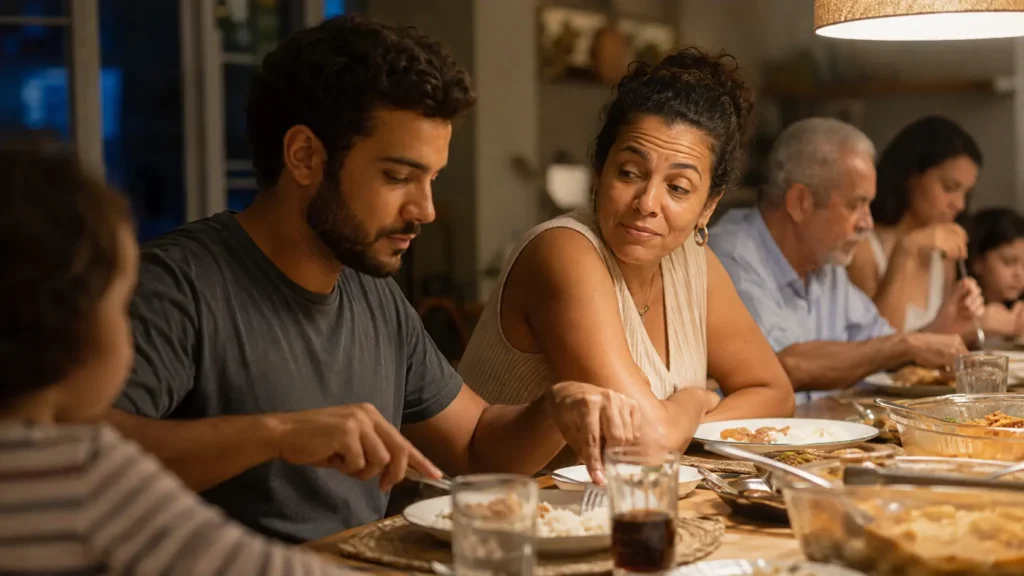 Pessoa continuando a comer tranquilamente enquanto alguém ao lado fala com expressão provocativa