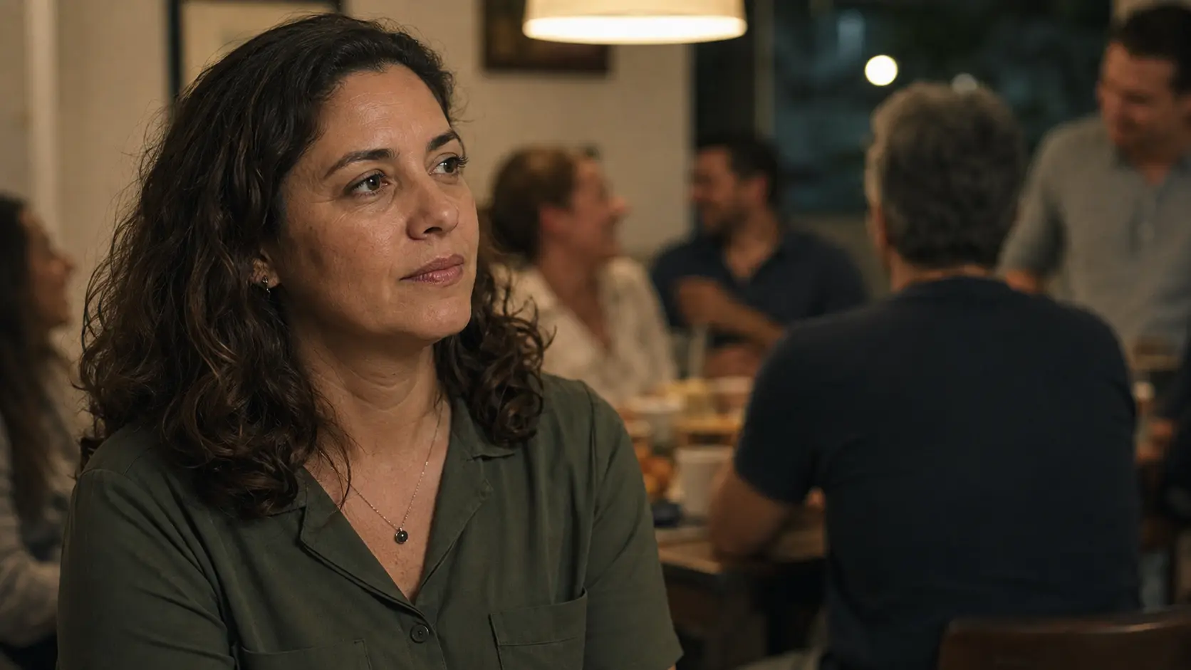 Mulher pausando antes de responder, com pessoas rindo desfocadas ao fundo