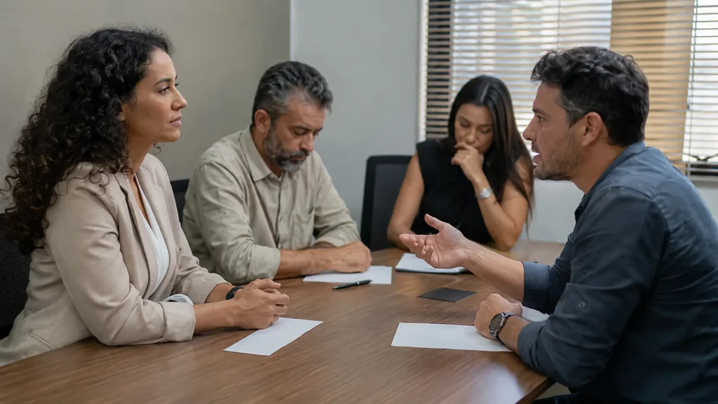 Pessoa mantendo a compostura numa reunião enquanto um colega fala de forma ríspida e os outros desviam o olhar