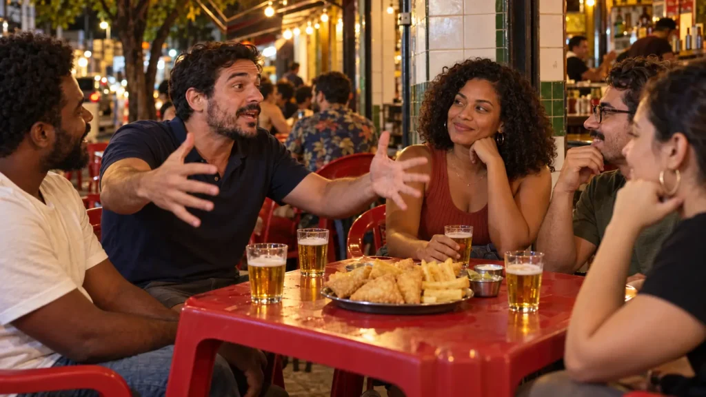 Amigo conta uma história maior que a de todos na mesa do bar enquanto a amiga espera a vez de falar