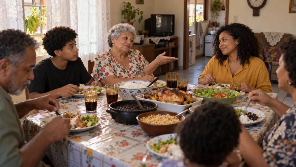 Almoço de domingo em família: a tia compara conquistas enquanto a sobrinha responde com calma