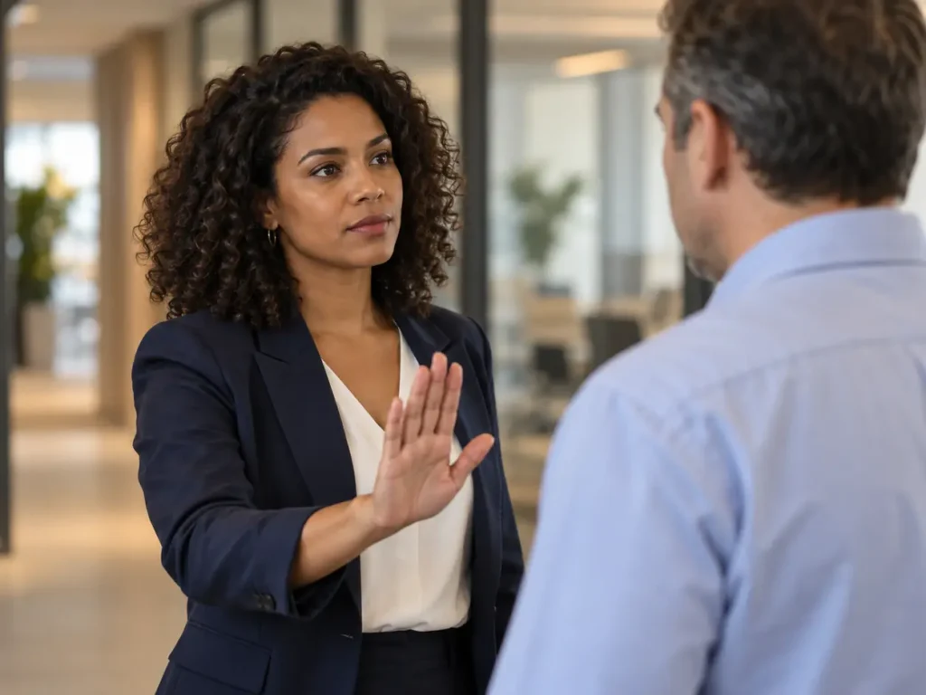 Mulher coloca um limite claro e calmo diante de um colega arrogante no trabalho