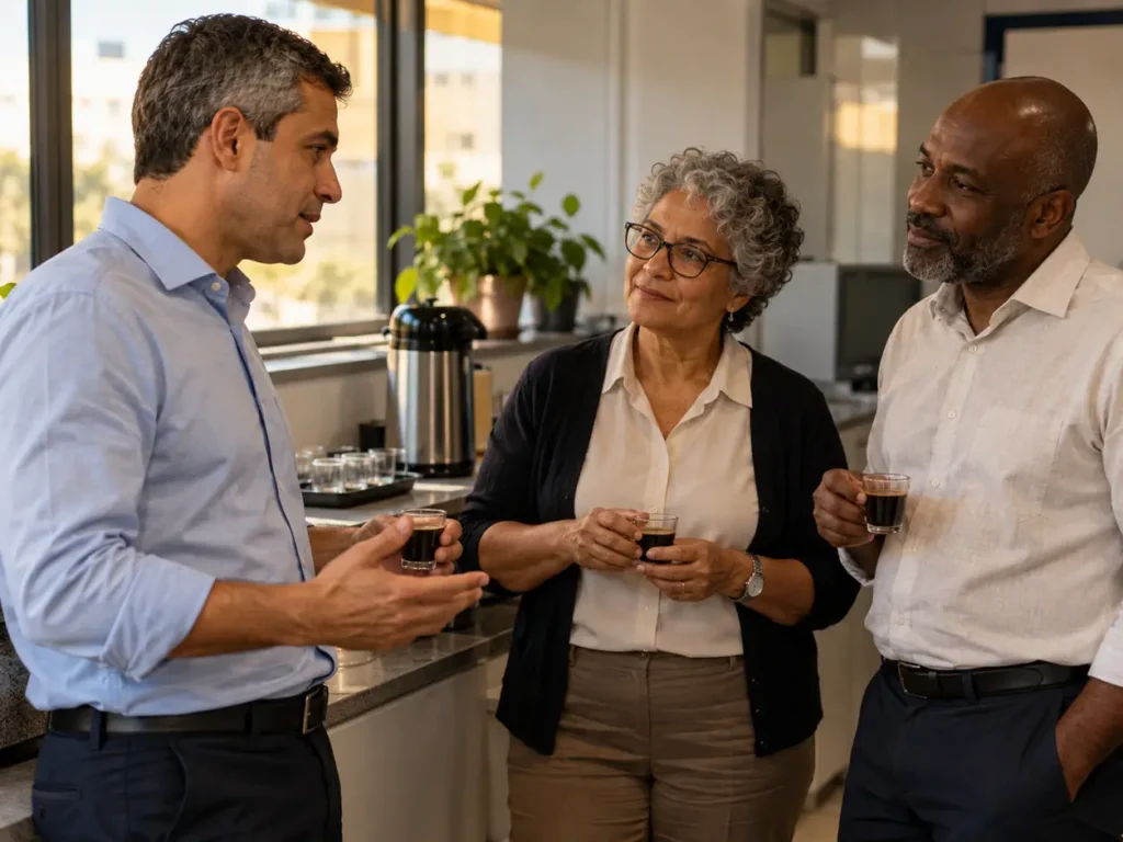 Two senior coworkers listen to a colleague over coffee in the break room of a Brazilian bank