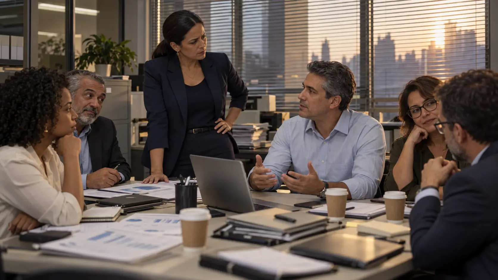 Bank employee answering his manager's question calmly during a team meeting in a Brazilian bank branch