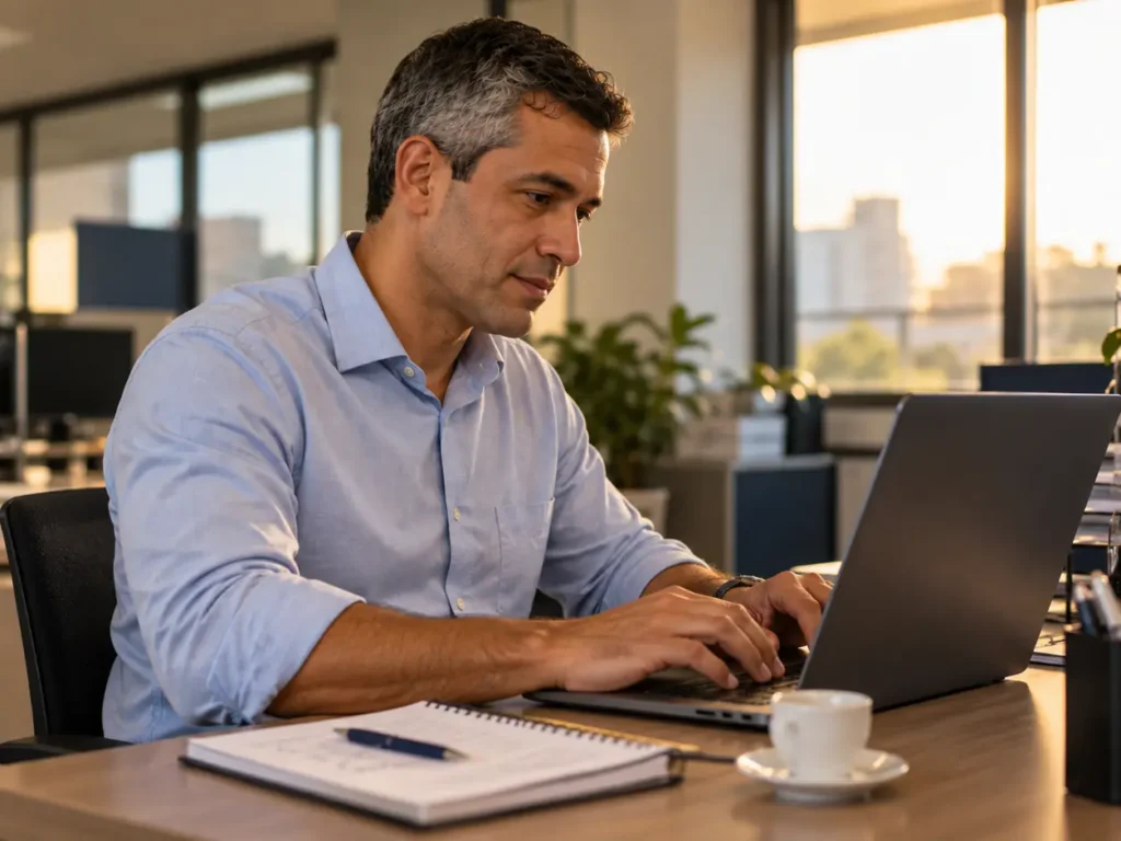 Man writing a short recap email after a meeting to keep an accurate record of what he said