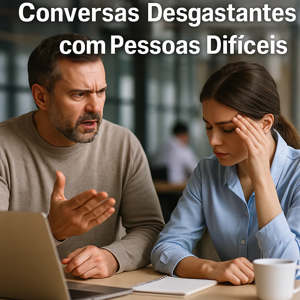 Duas pessoas em conversa que perdeu o rumo, com uma delas claramente se sentindo drenada pela interação