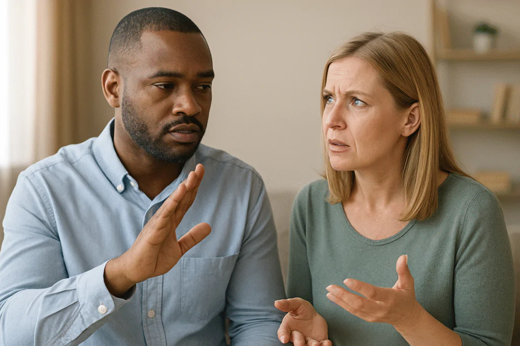 Mulher calma e assertiva corrigindo mal-entendido em conversa difícil sem entrar em modo defensivo